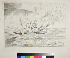O círculo dos funcionários corruptos: os demónios maltratam-se uns aos outros, canto XXII, ilustração para a «Divina Comédia» de Dante Alighieri, c. 1827-38